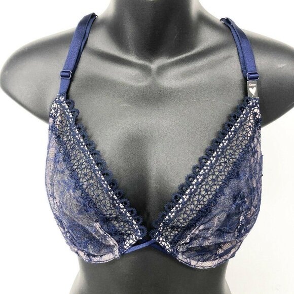 Victorias Secret Very Sexy Unlined Plunge Wicked Bra 32DDD Blue Lace - Picture 1 of 8